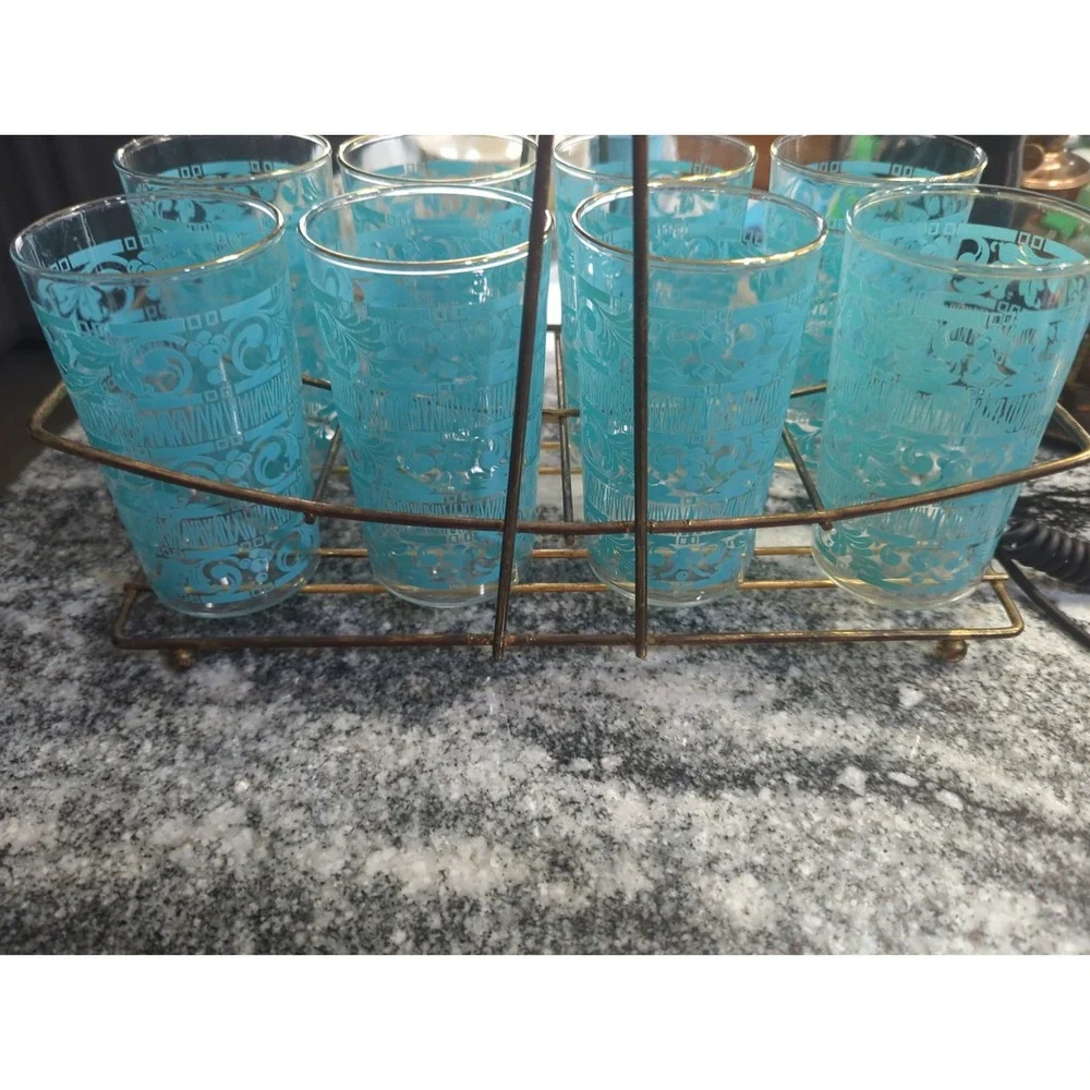 8 Vintage Anchor Hocking Chantilly Turquoise Drinking Glasses With MCM Holder